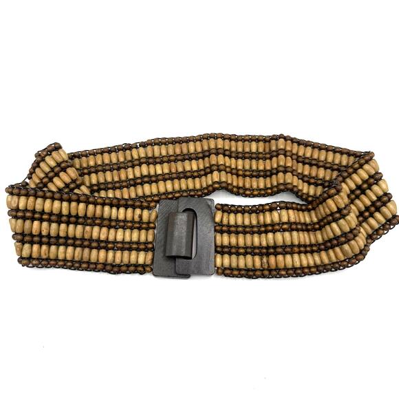 Vintage Stretch Beaded Belt w/ Wood Buckle – 2.5" Wide Boho Y2K Festival - Picture 4 of 9